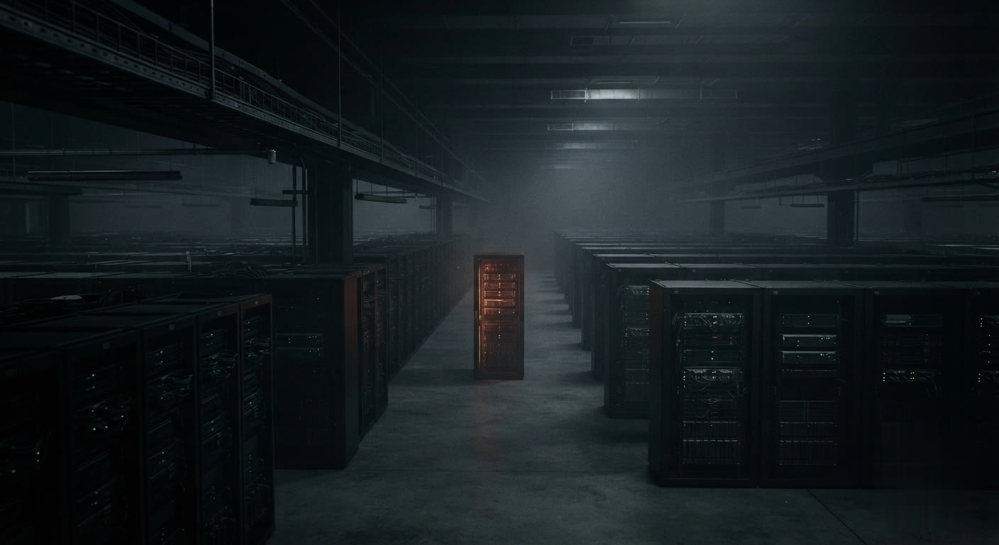 A dark data center hall with a single server rack overheating